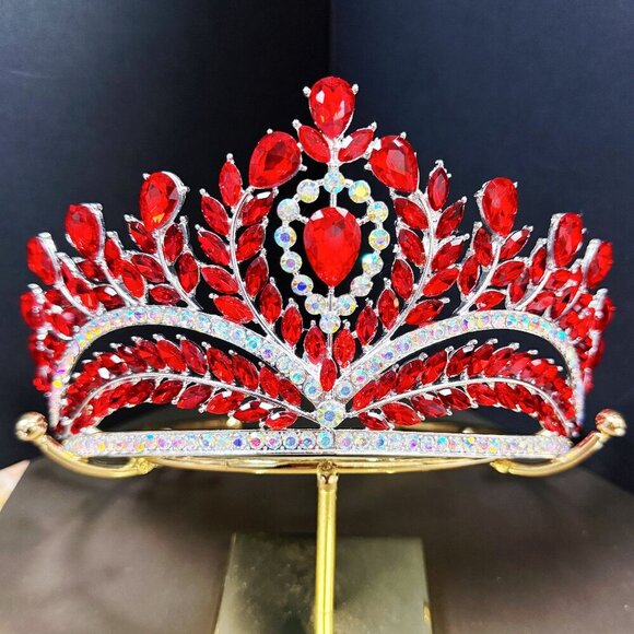 Red Crystal Crown, Quinceanera Crown, Silver Wedding Tiara, Bridal Headpiece main image 2